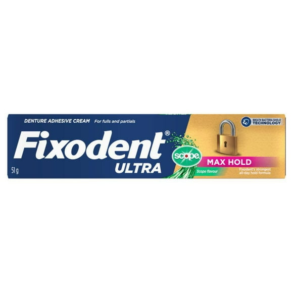 Adhésif sûr pour prothèses Fixodent Ultra Tenue maximale à saveur de Scope