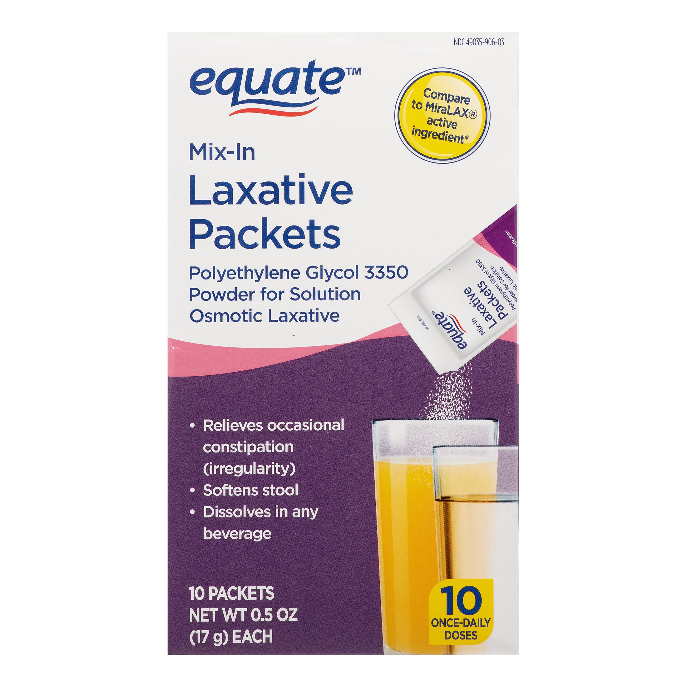 Equate Polyethylene Glycol 3350 MixIn Laxative Packets, 10 Count