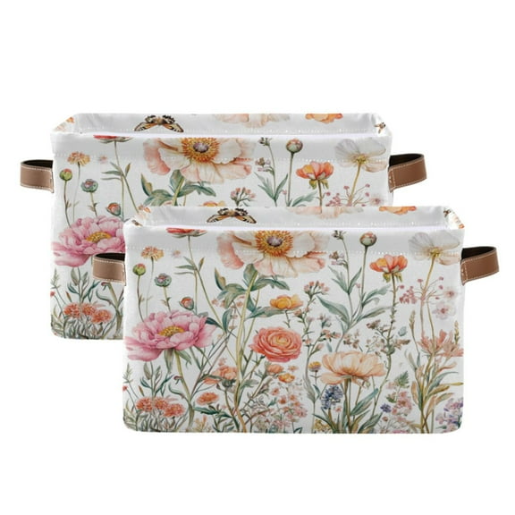Peonies and Wildflowers Foldable Storage Basket,Canvas Fabric Foldable Storage Bins with Handles Open Home Storage Bins Boxes for Toy Book Shelf Closet Baskets