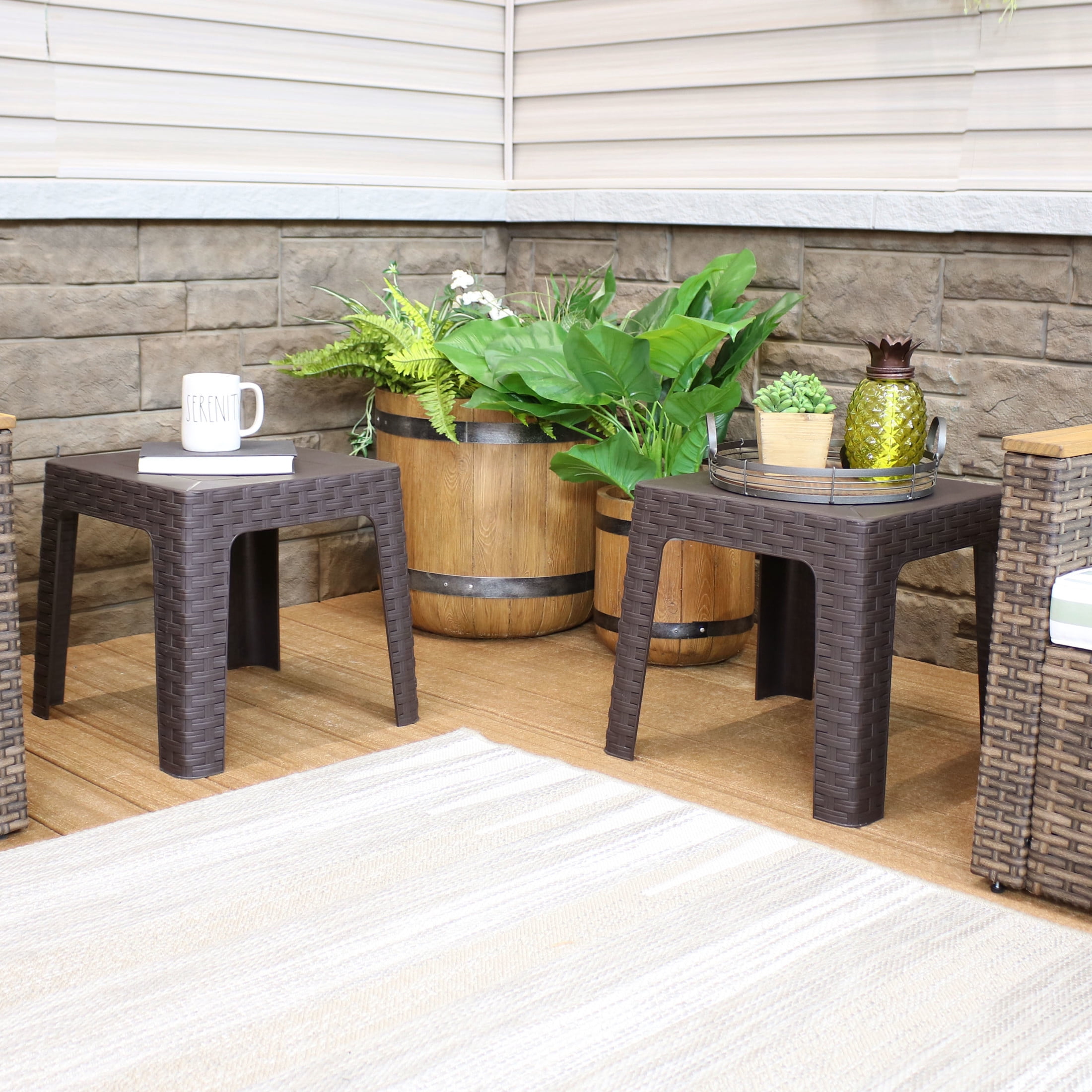 Sunnydaze Outdoor Contemporary Plastic Square End Table, Brown (Set of 4)