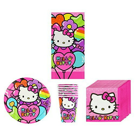 New Sanrio Hello Kitty Rainbow Birthday Party Supplies Pack Bundle Kit Including Plates, Cups, Napkins and Tablecover - 8 Guests