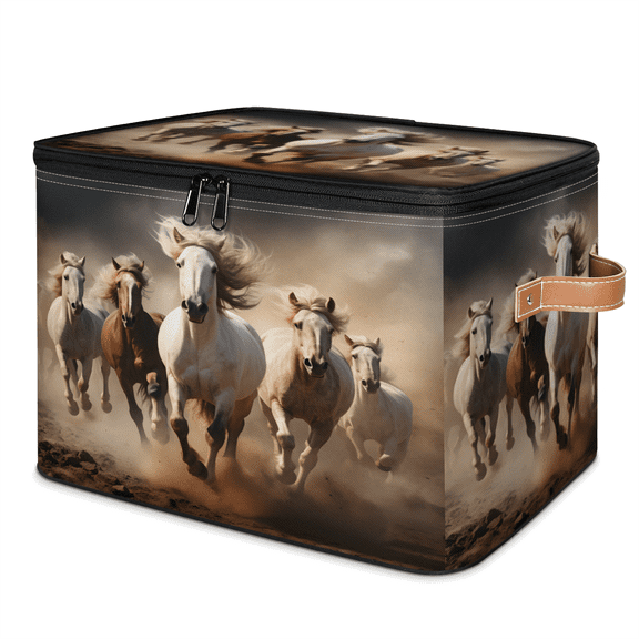 CURLYOOT Running Horse Storage Bin with Zipper Lid, Fabric Decorative Lidded Storage Baskets Boxes, Foldable Organizer Container Basket for Bedroom Closet Shelf