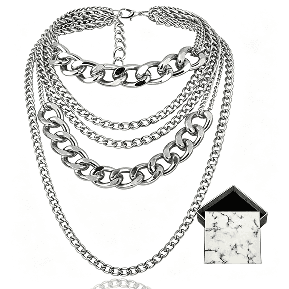 DESIGNICE Punk Chain Chunky Necklaces for Women Multilayer Collar Necklace Silver, Chunky Statement Necklace