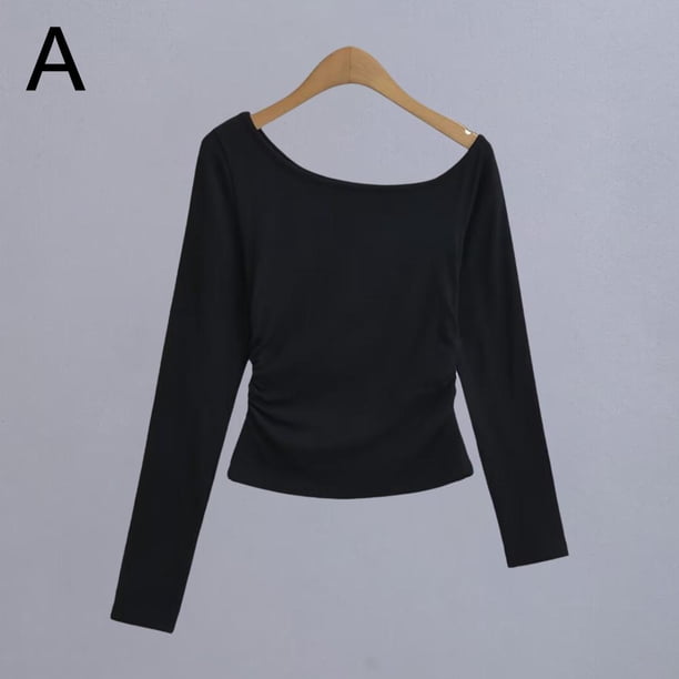 WAITLOVER Camiseta básica para mujer, hombro inclinado, base de terciopelo fina elástica, novedad de 2024
