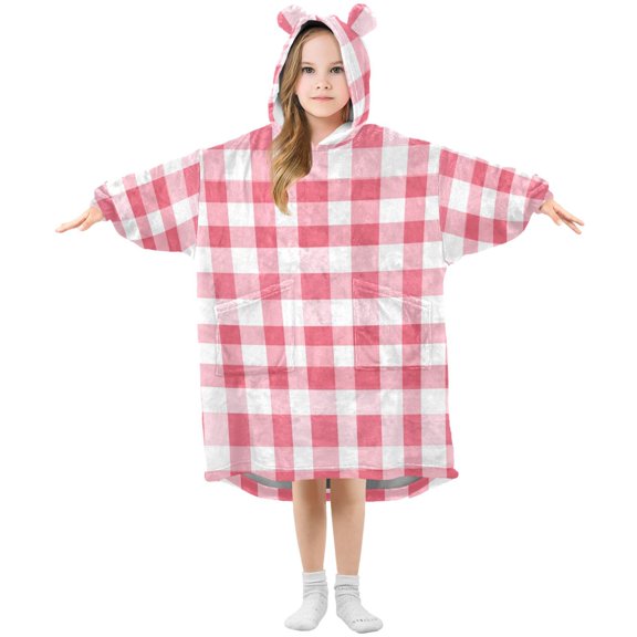 Kids Wearable Blanket Hoodie with 2 Pockets Pink Checkered Pattern Oversize Blankets Sweatshirt for Children Small