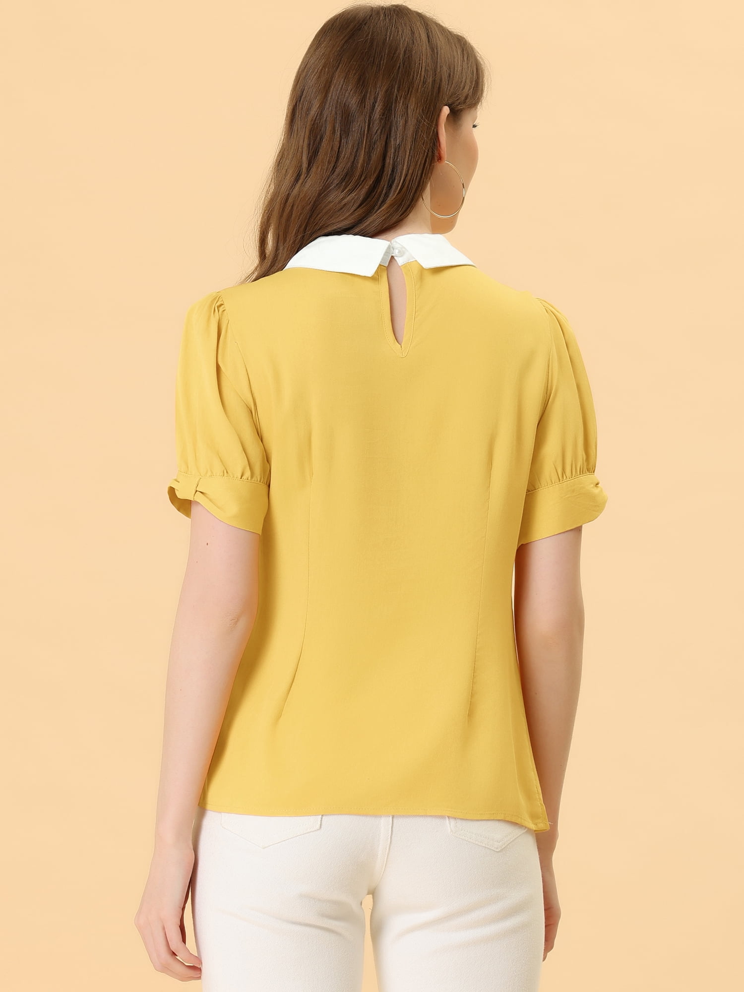 DARING DIVA Peter Pan Collar Contrast Puff Blouse Top L Light Yellow