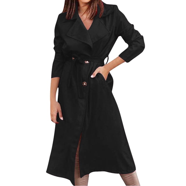 WRKEKC Women's Belted Trench Coat Long Length Button Front Solid Color Fall Casual Office Wear Transitional Layer Plus Size Available Black L