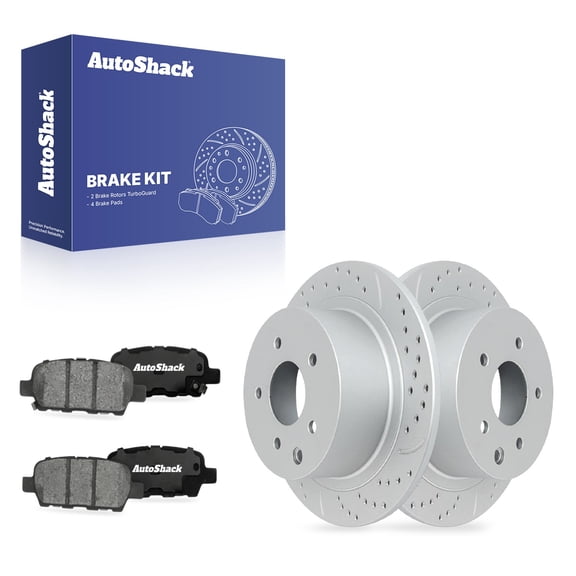 AutoShack Rear Solid Drilled & Slotted Coated Brake Rotors Silver Matte Finish   Ceramic Pads 6-PC Brake Kit Replacement for 2009-2023 Nissan Altima 2011-2017 Nissan Juke TurboGuard 11.47" (291.4 mm)