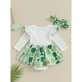 thumbnail image 4 of Suealasg Baby Girls Irish Day Outfit 3 6 9 12 18 Months Infant Girls Long Sleeve Clover Print Ruffle Romper Dress + Headband Set 0-18M 2Pcs Newborn Girl Spring Clothing, 4 of 9