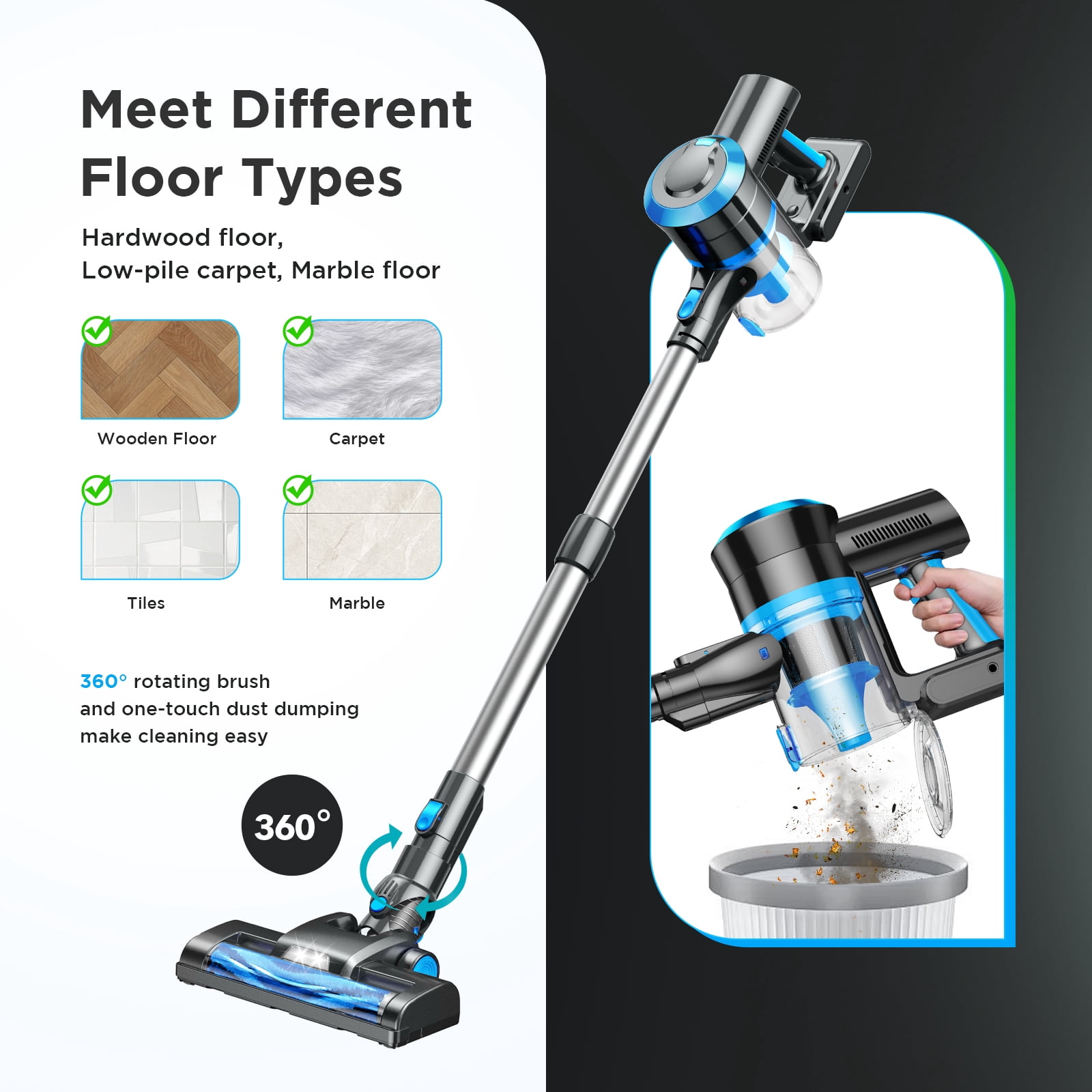 Cordless Vacuum Cleaner, 38000PA/450W 50min 2500mah for Home Pet Hair Carpet Wood Floor (Blue)