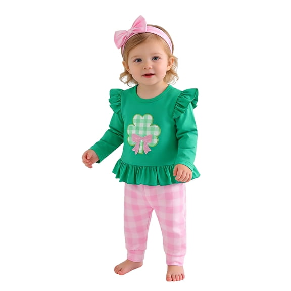 Tiijoy Girls St. Patrick's Day Outfits Ruffle Long Sleeve T-Shirt Pants Headband Set, Sizes 6-12M