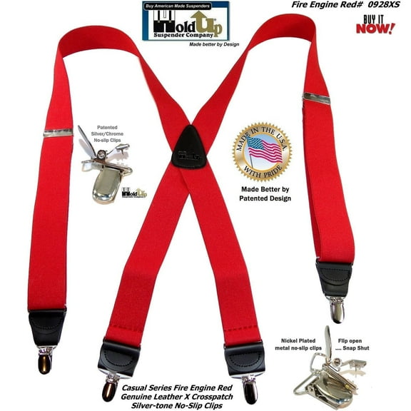 HoldUp Brand Fire Engine Red X-back Suspenders in 1 1/2" width and Patented No-slip Silver-tone Clips