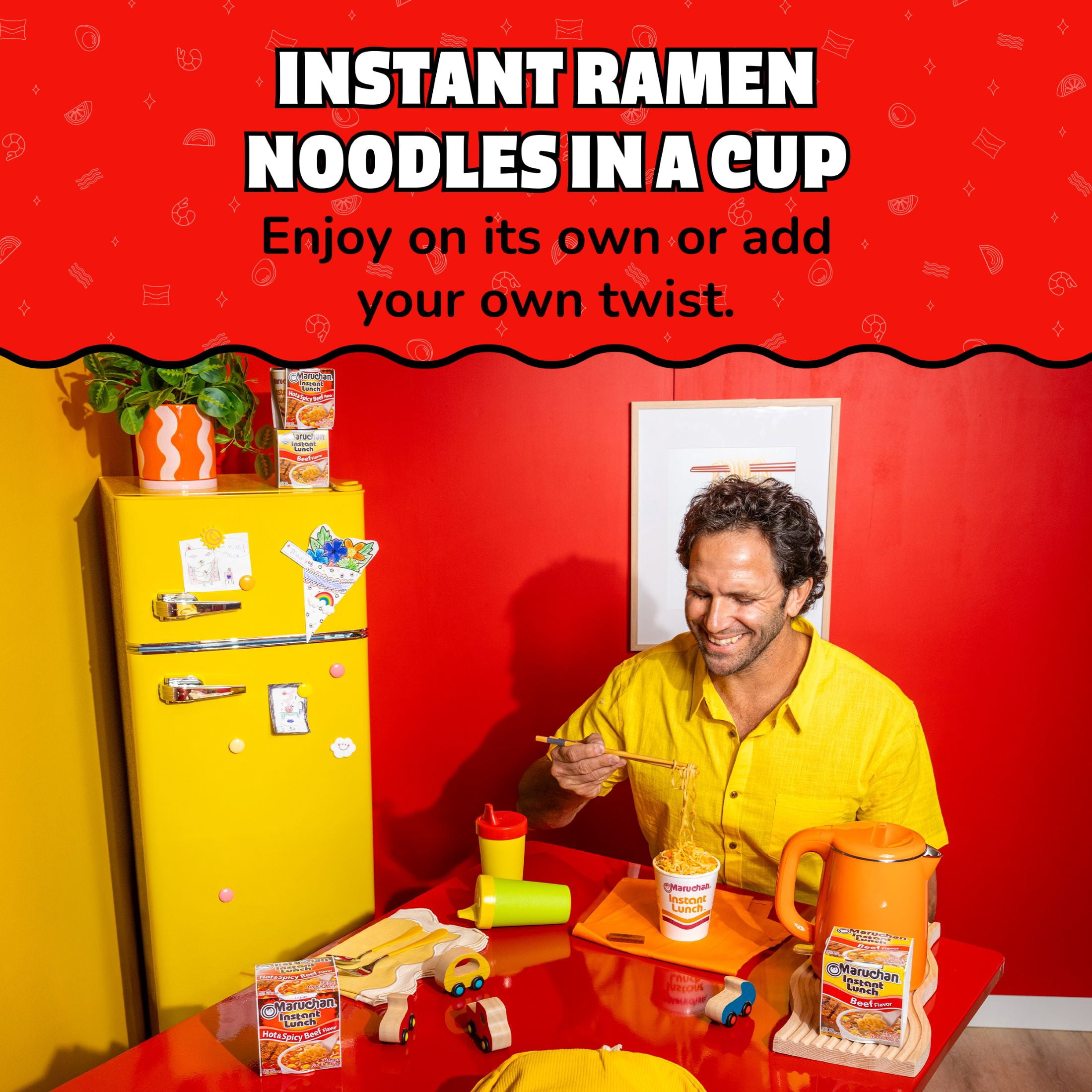 (12 pack) Maruchan Instant Lunch Hot & Spicy Beef Ramen Noodles Cup, 2.25 oz, Ready-To-Eat