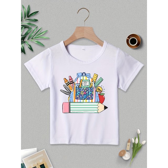 Boys' Red Short Sleeve T-Shirt with Colorful Schoolbag and Pencil Print - Casual Cotton Blend, Machine Washable, Summer Top, Everyday Youngsters's Clothing| Cartoon Print Tee | Stretchable Material