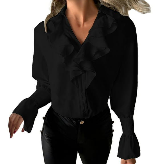 Summer Tops, Shirts for Women, Trendy Women Casual Long Sleeve V Neck Shirt Slim Fit Solid Button Ruffled Top for Everyday Wear