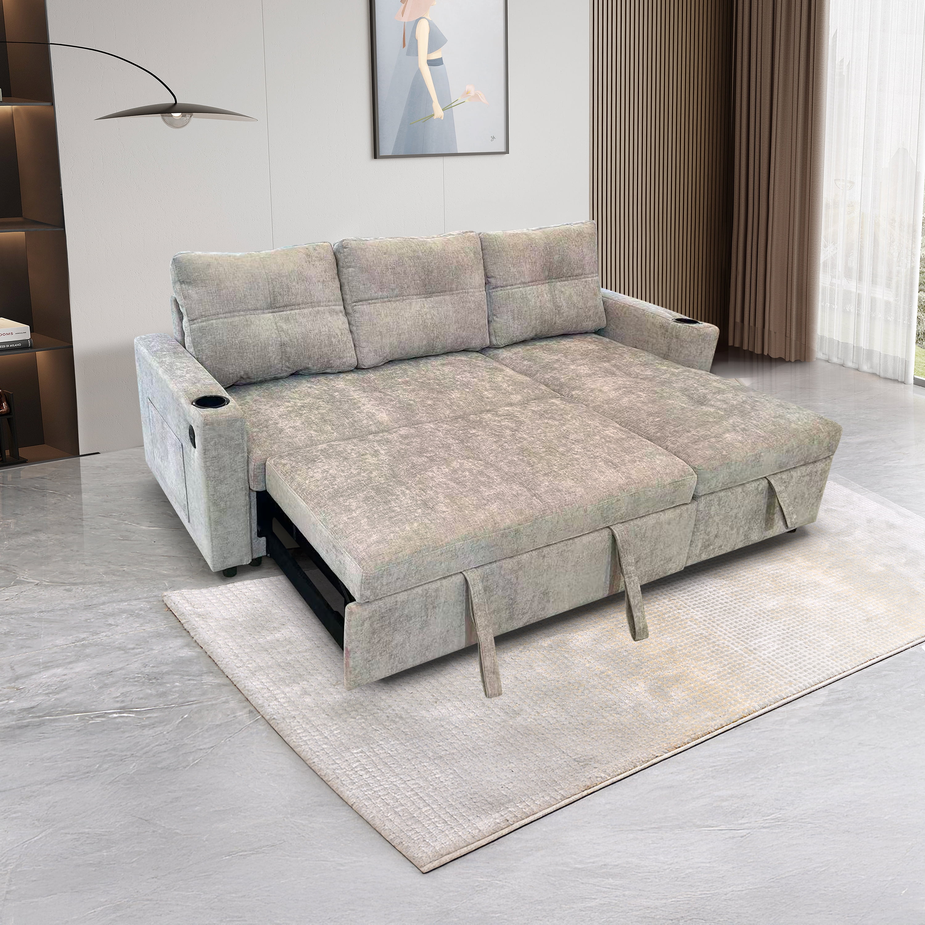Modern Contemporary Convertible Chaise Sectional with Hidden Storage & Sleeper, Light Grey