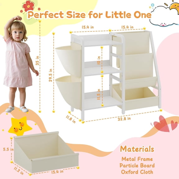 B3 Kids Bookshelf and Toy Storage, Book Shelf for Kids Rooms, Toddler Bookshelf for Small Spaces, 3-Tier Sling Montessori Baby Bookcase for Nursery, Bedroom, Playroom, White