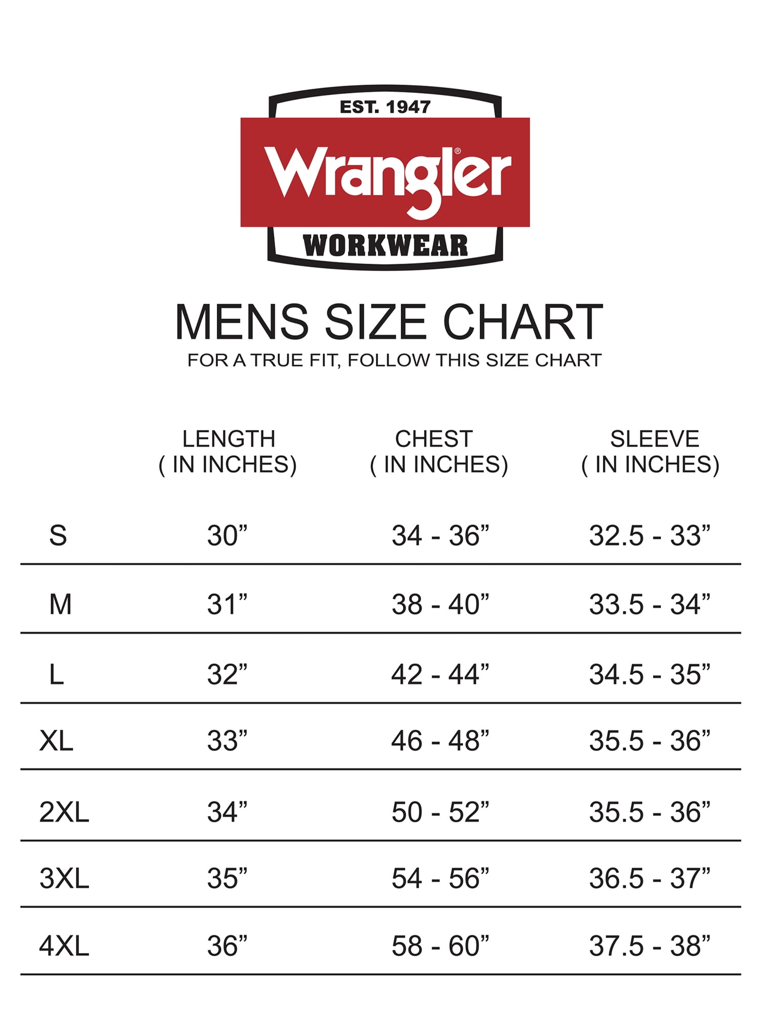 Wrangler jacket size chart outlet