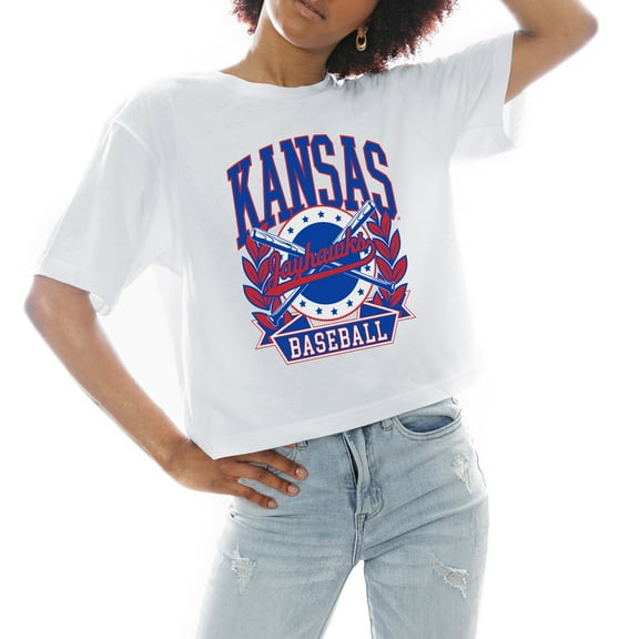 Women's Gameday Couture White Kansas Jayhawks Baseball Boxy Fit Cropped T-Shirt