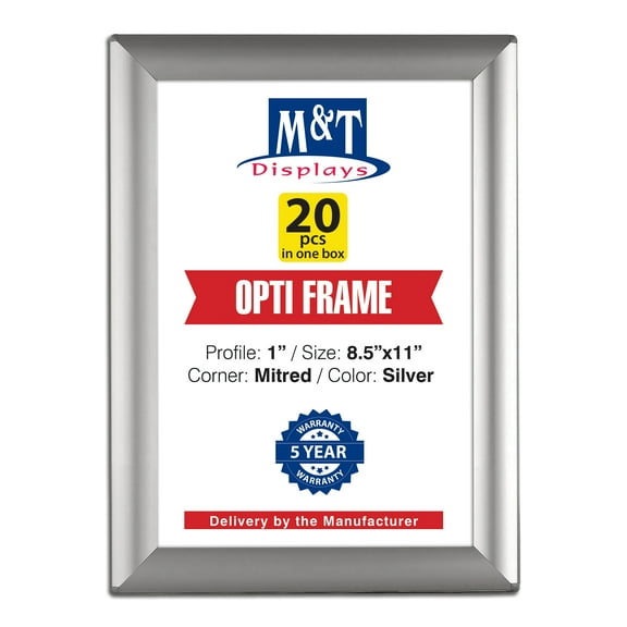 M&T Displays 20-Pack 8.5x11 Silver Snap Frames, Wall-Mount Sign Holders with Anti-Glare Cover