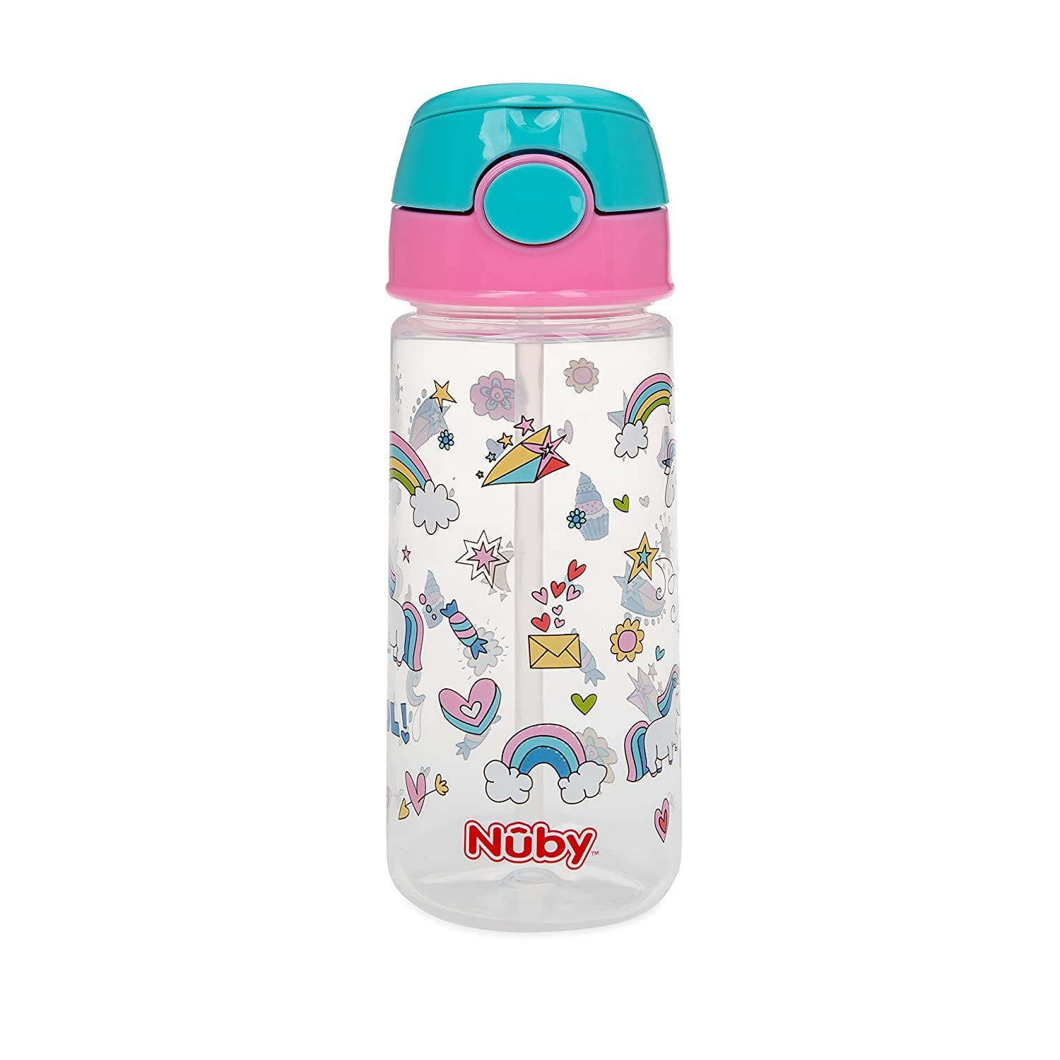 Nuby Push Button Flip-it Soft Spout Tritan Water Bottle, Unicorns, 18 Oz 