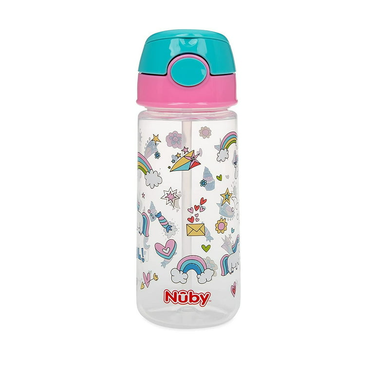 Nuby 2-Pack Kid's Printed Flip-it Active Water Bottle with Push Button Cap  and Soft Straw - 18oz / 540ml, 18+ Months, 2-Pack, Unicorns/Sweet Treats