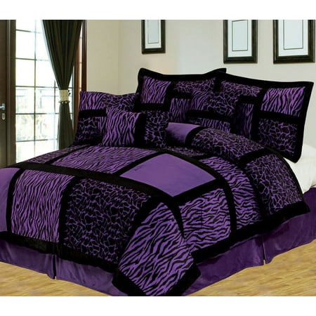 7 Piece Safari Purple and Black Patchwork Micro Suede