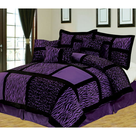 7 Piece Safari Purple And Black Patchwork Micro Suede Comforter