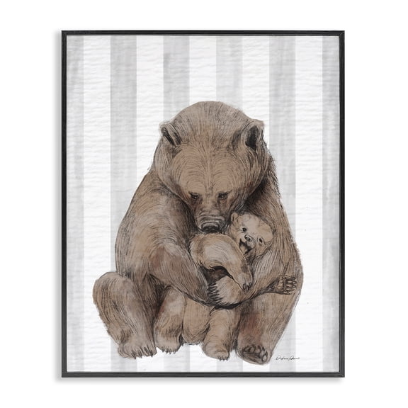 Stupell Industries Eclectic Bear and Cub Grey Stripes Black Framed Giclee Art, 11 x 14, by Lil' Rue