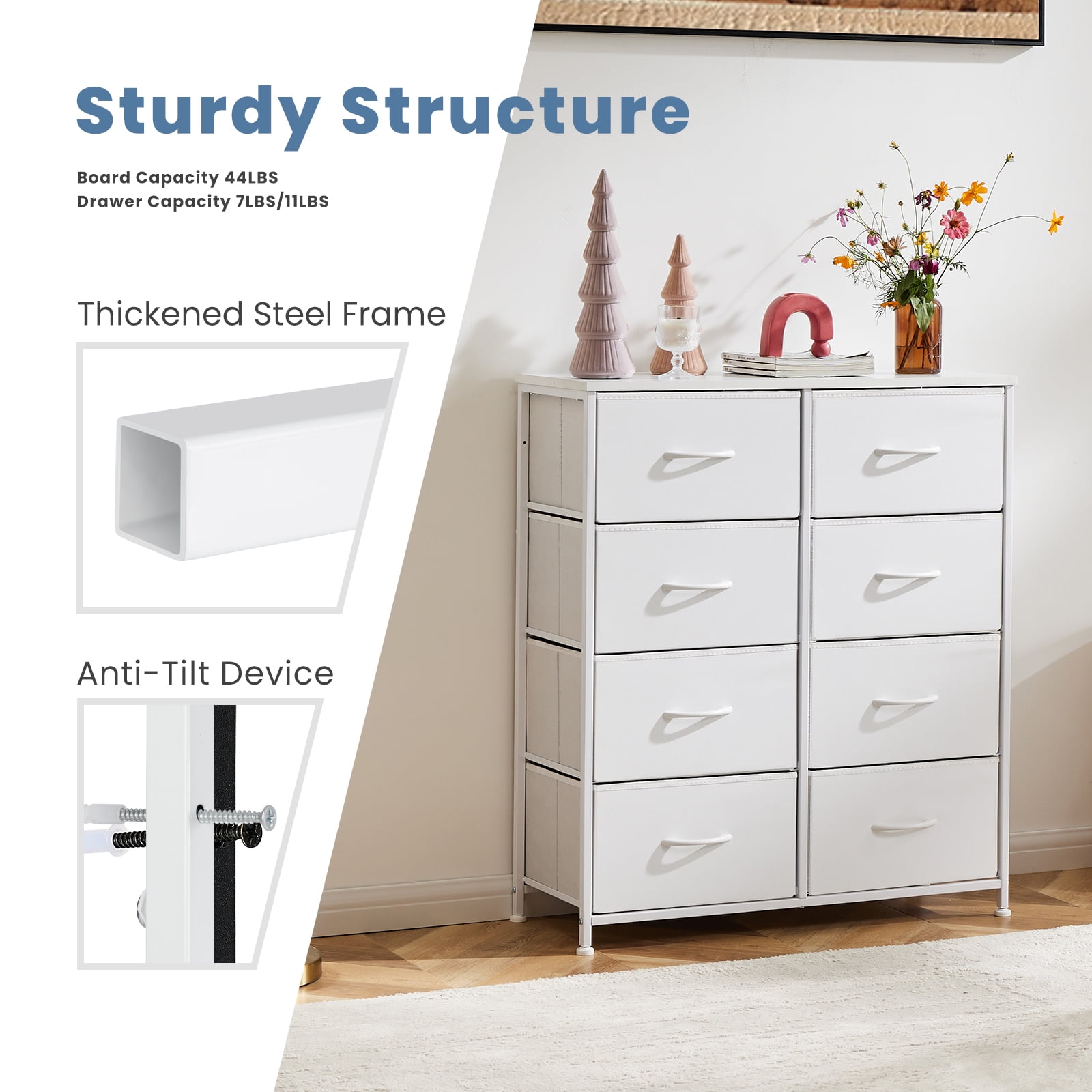 EDX 8 Drawers Dresser for Bedroom with Metal Frame, Wood Tabletop, Storage Chest Drawers, White