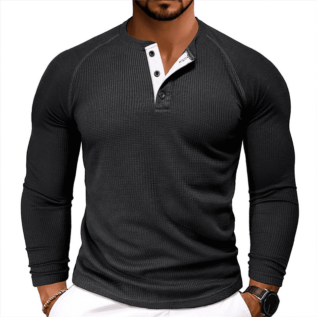 Men's Henley T-Shirt Long Sleeve Casual Button Pullover Shirts Soft Stretch Basic Waffle Tees Fall Tops