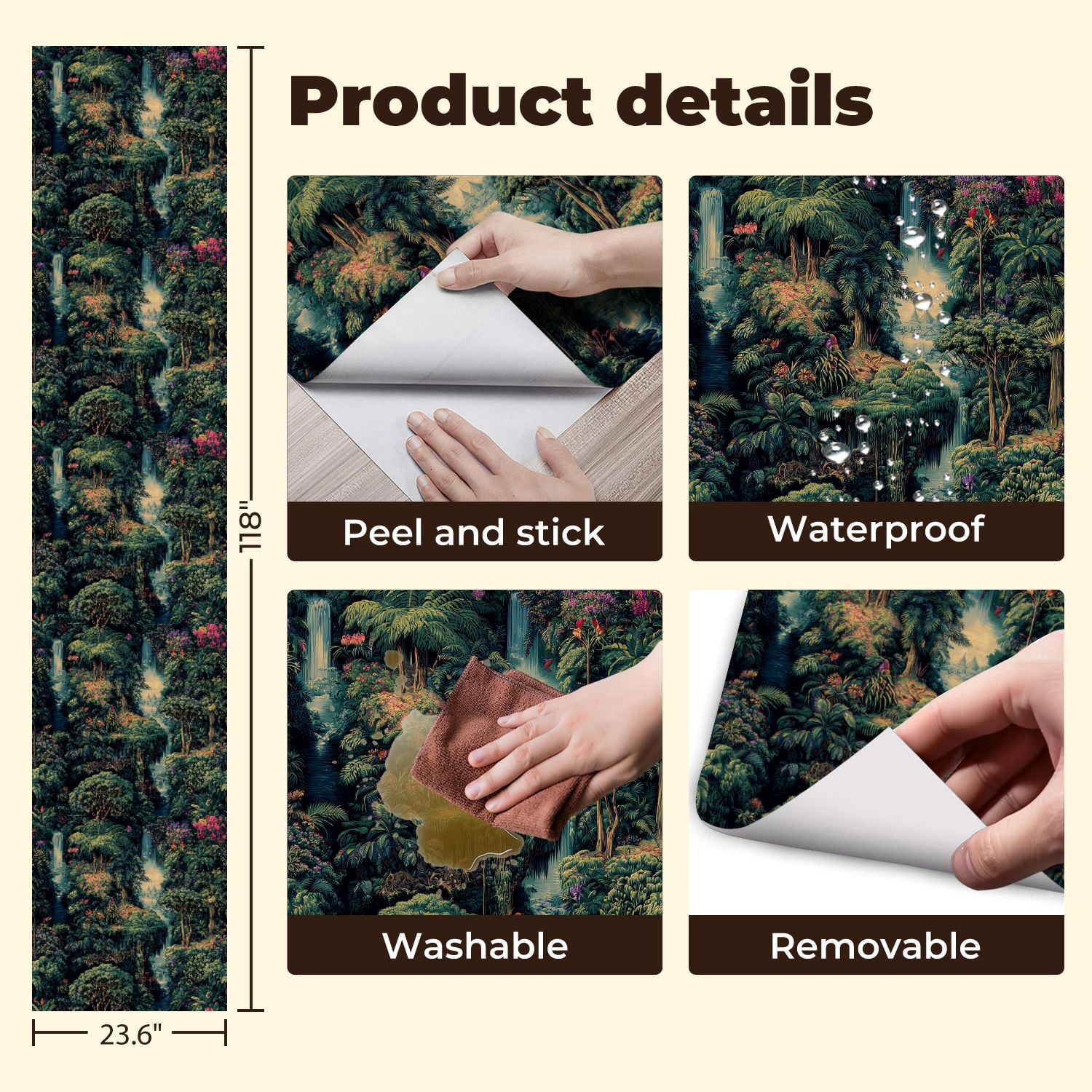 Peel and Stick Wallpaper Tropical Jungle Waterfalls Vibrant Floral Wall Mural 23.6in x 9.8ft Self Adhesive Removable Wall Paper Renter Friendly Wallpaper for Nursery Bedroom Cabinets
