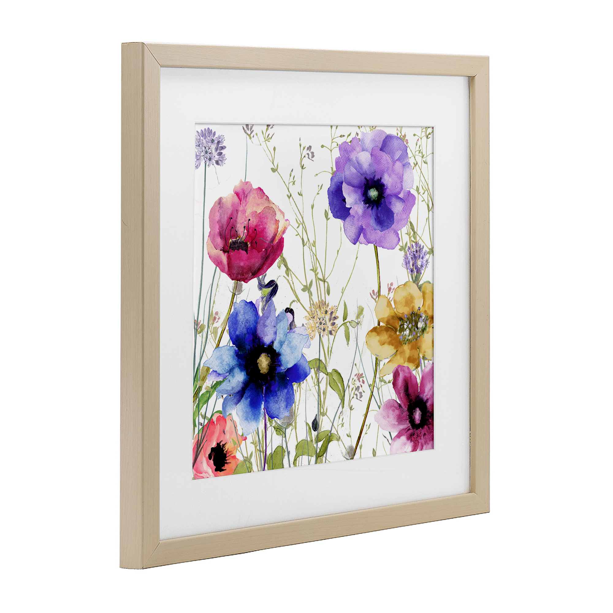 Modern Spring Garden Flowers Birch Framed Print Under Glass, design by Sasha