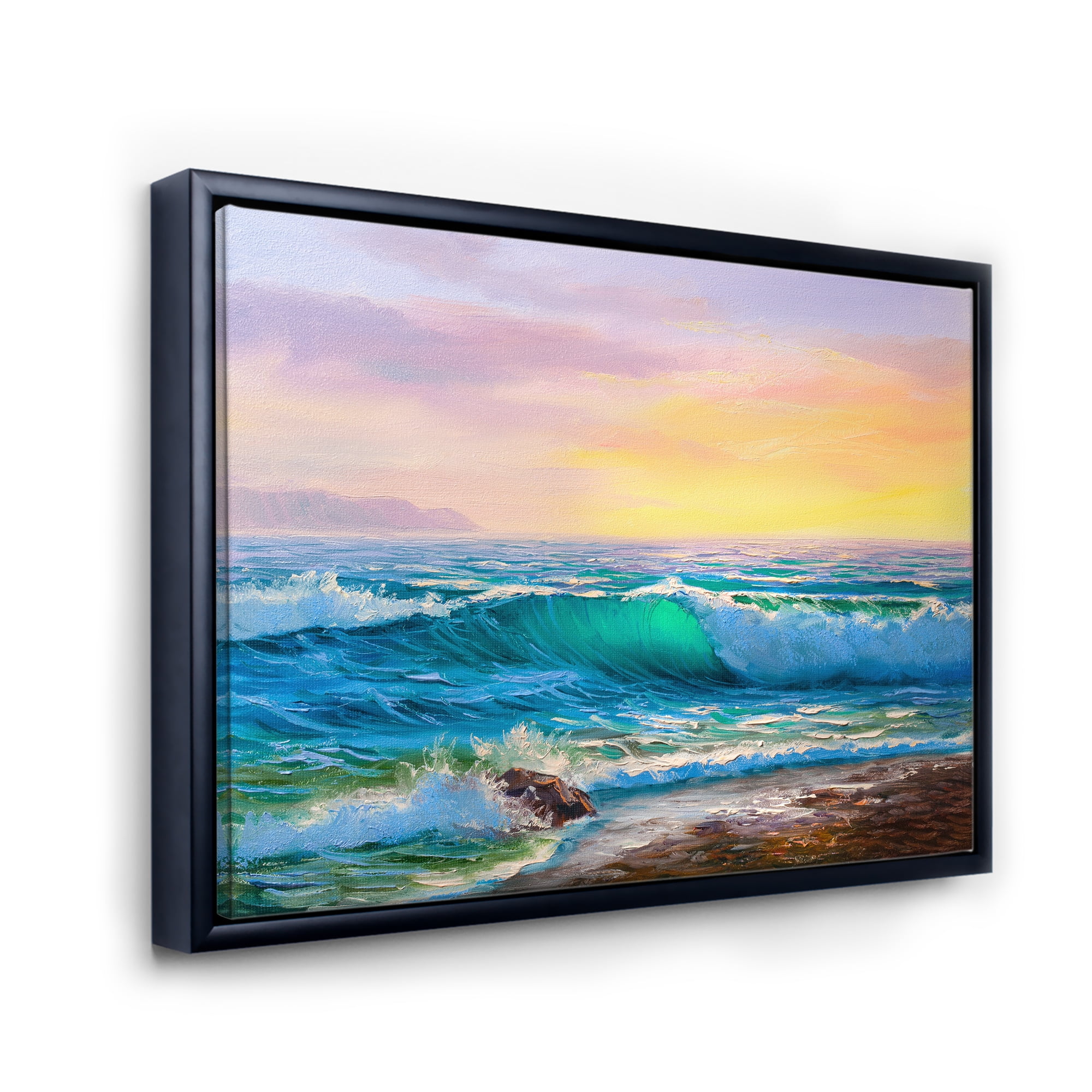 Designart 'Blue Waves Breaking At The Beach Landscape IV' Nautical & Coastal Framed Canvas Wall Art Print