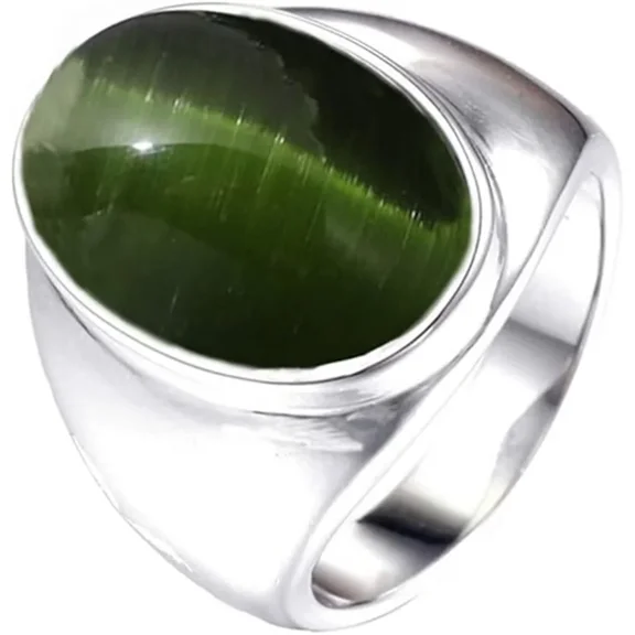 HIJONES Men's Women's Stainless Steel Oval Multicolor Gemstone Ring Classical Simple Plain Wedding Engagement Jewelry Silver Light Green Size 12