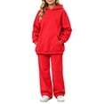 thumbnail image 2 of Kids Solid Fleece Hoodie 2 Piece Outfit Long Sleeve Hooded Top & Wide Leg Pants Set Warm Casual Tracksuit for 5-14 Years Old Boys Girls Outdoor Daily Wear Red, 2 of 6