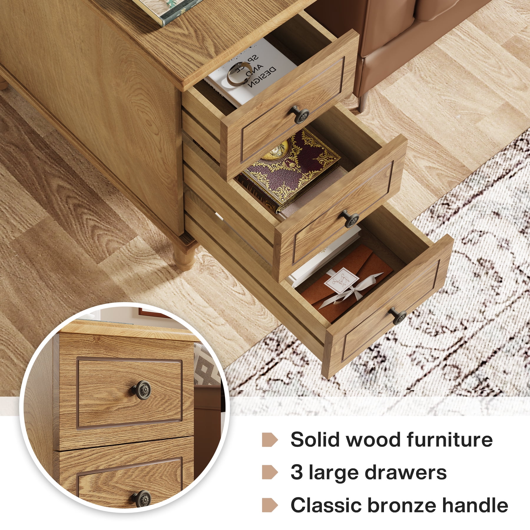 Tribesigns Narrow Side Table with Drawers, Solid Wood End Table with 3 Drawers, Fully Assembled Nightstand Slim Bedside Table for Small Spaces, Living Room, Bedroom, Wood Color