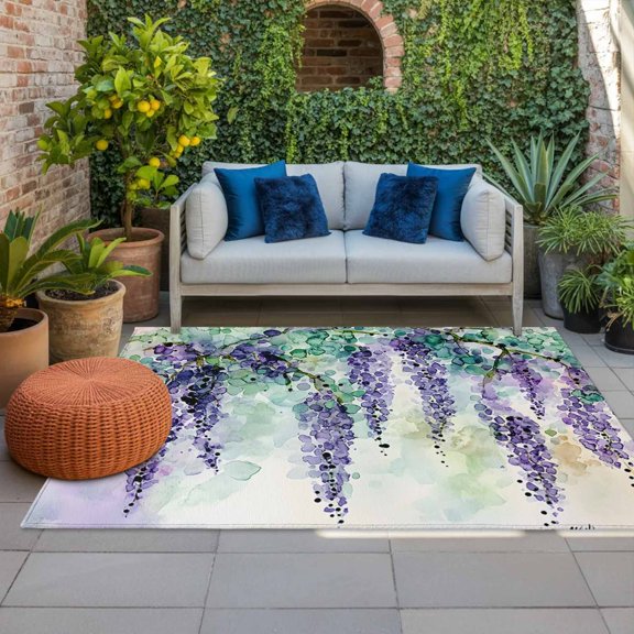 Outdoor Rug, Watercolor Purple Floral Lavender Indoor Area Rug Outdoor Carpet RV Camping Rugs 4x6ft Botanical Green Leaves Outside Mat for Patio Picnic Porch Deck Balcony Backyard