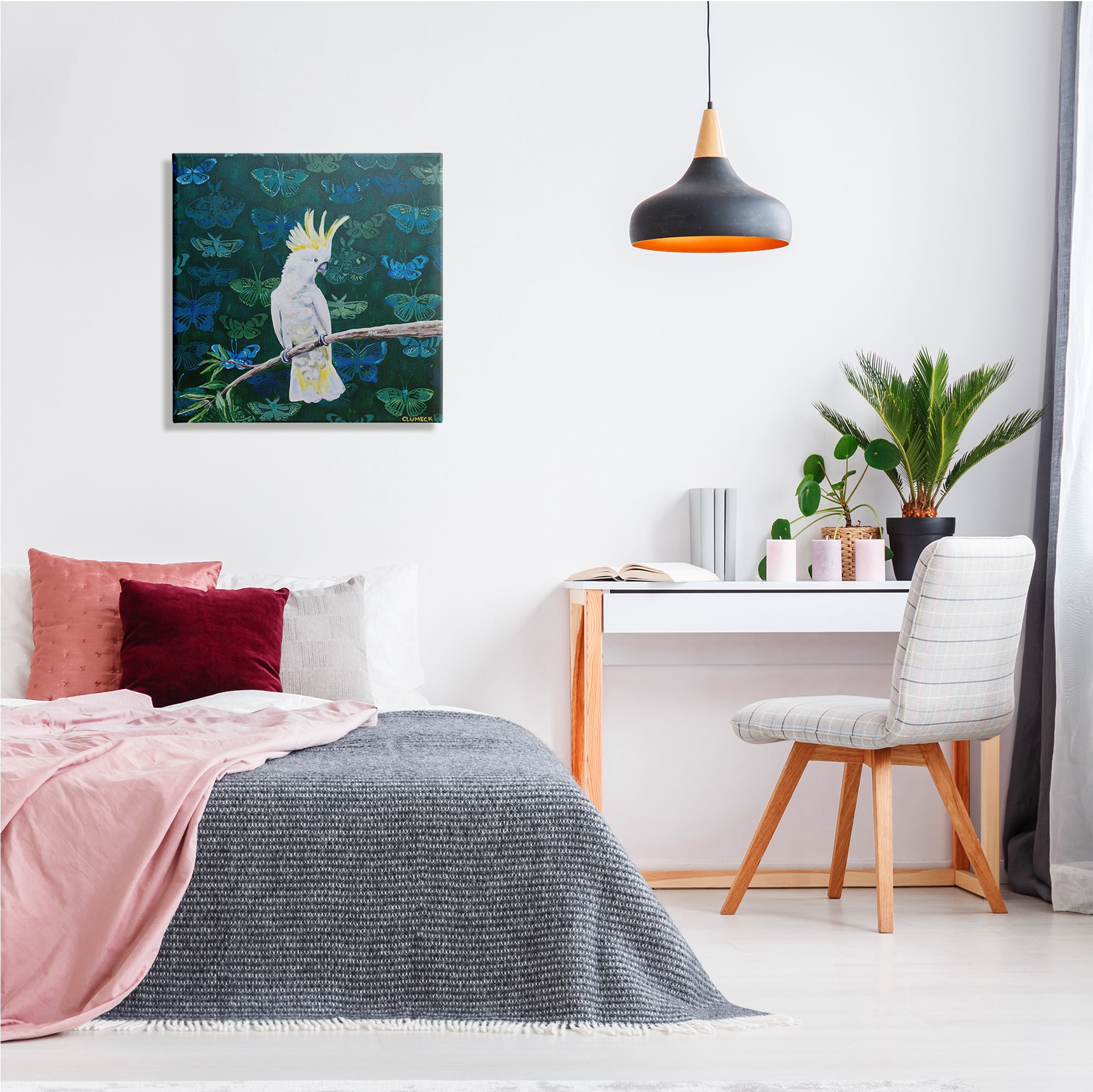 Stupell Industries Tropical White Yellow Parrot Perched Butterfly Print Pattern, 24 x 24, Design by Alana Clumeck