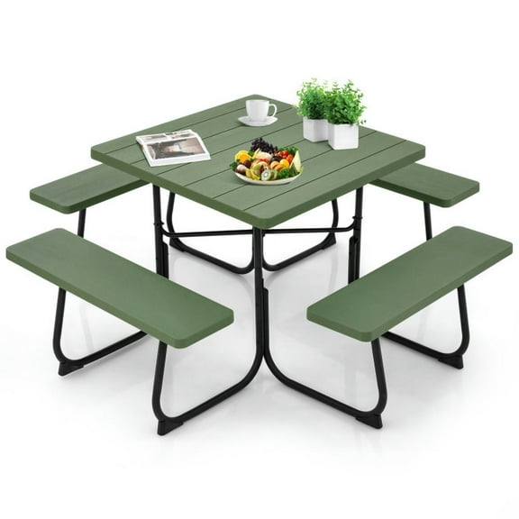 Kepooman Outdoor Picnic Tables,Picnic Tables for Parties,Outdoor Picnic Table with 4 Benches and Umbrella Hole-Green