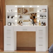 Vanity Table with Lighted Mirror and Storage Shelves, Dressing Table with 7 Drawer for Women, Girls, LYVT005W