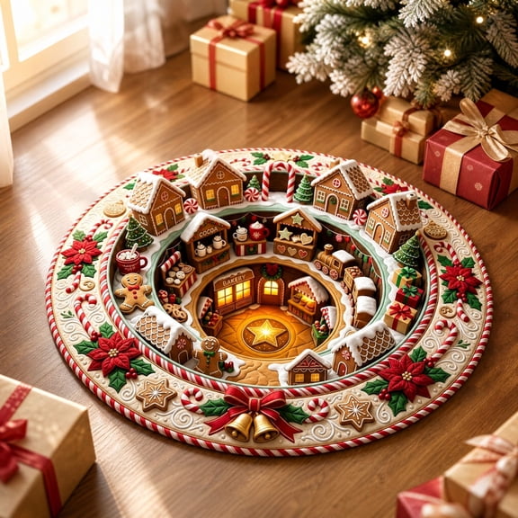 3D Christmas Optical Illusion Round Rug, Gingerbread Village Spiral Stair Visual Trap Floor Mat for Living Room, Entryway, Bedroom and Holiday Home Decor, 23.62 Inch