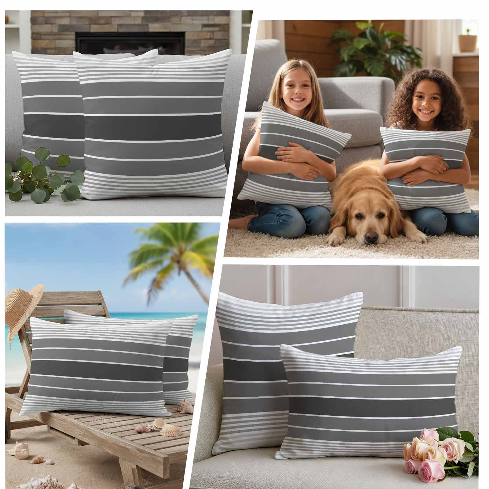 Gradient Grey Striped Outdoor Waterproof Pillow Covers, Simple Farm Stripes Minimalist Decorative Square Throw Pillowcase Sofa Cushion Sham for Patio/Couch/Chair, 26"x26" 2 Pack