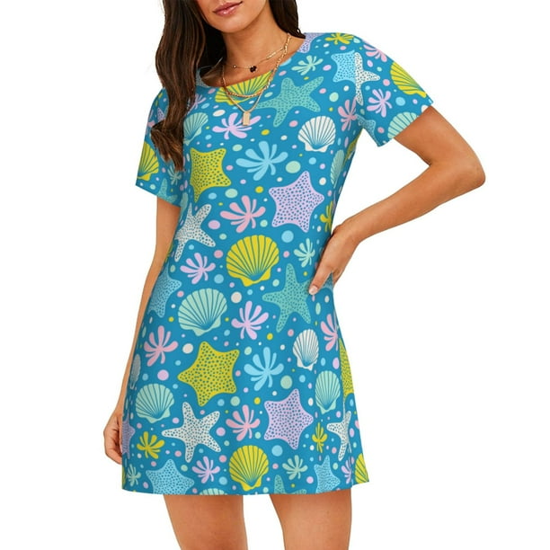 Fotbe Starfish Bata de Dormir para Mujer con Estampado, Camisón de Algodón de Manga Corta, Ropa de Dormir Casual