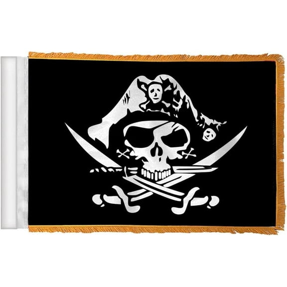 AGAS Pirate Deadmans Chest Tricorner Antenna Flag For Cars with Gold Fringe 4"x6" 100% Polyester - Stitched Edges - Plastic Mounting Clip