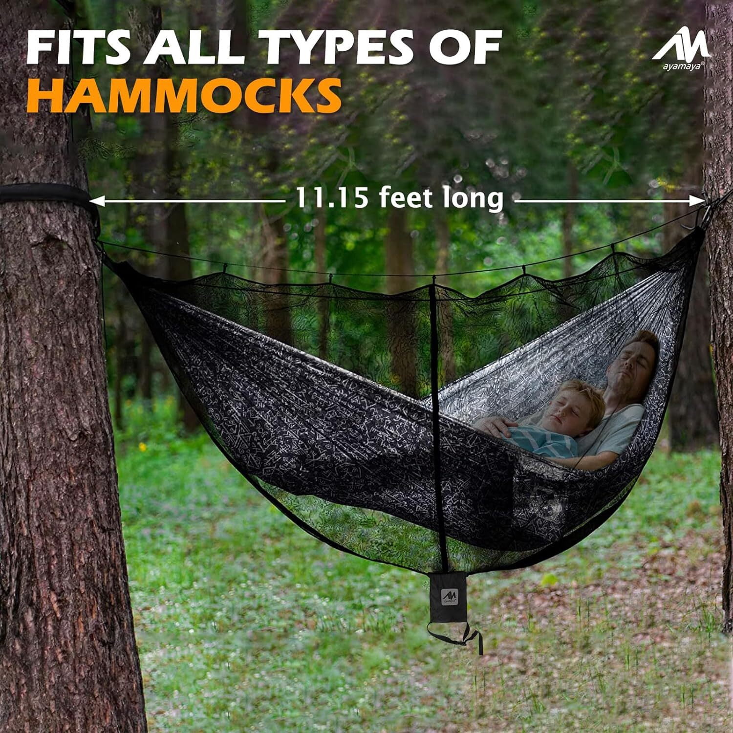 AYAMAYA Hammock Bug Net 11.5x5 ft, Ultralight Backpacking Outdoor Protection Guardian Camping Hammock, Wide Room No-See-Um Breathable Mesh Netting Equip with Hanging Bag & Lantern Hook