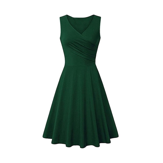 WTXUE Robes Chemises, Robes Chemises Sans Manches pour Fête de Thé Col en V, Robe Décontractée pour Femmes Robe T-Shirt Ajustée Robe Évasée Robe Unie Froncée Robe Mi-Longue Unie pour Femmes, Vert Taille TG