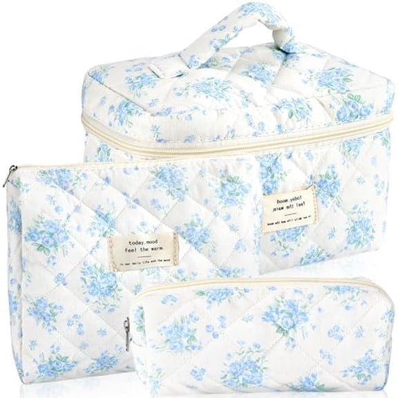 3Pcs Cotton Quilted Makeup Bag for Women Girls Large Small Travel Floral Cosmetic Bags Set Cute Coquette Zipper Makeup Pouch for Purse Aesthetic Cloth Flower Storage Toiletry Bag Organizer