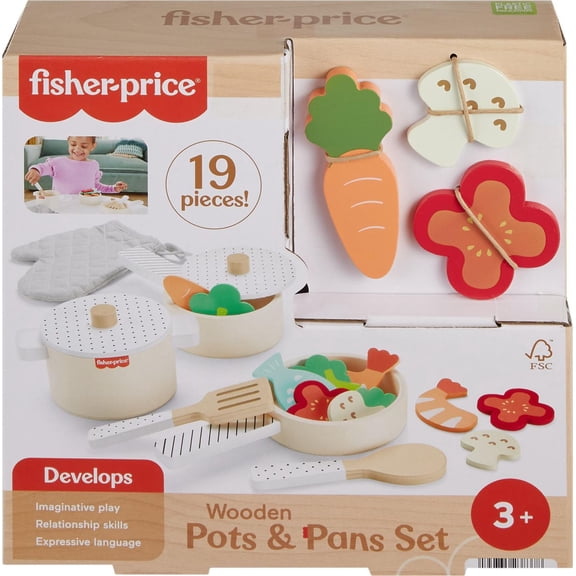 Fisher-Price Wooden Kitchen Pots & Pans Set, 19 Wood Pieces for Preschool Pretend Play, Ages 3+ Years