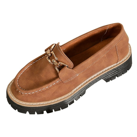 Xfvqtps Womens Loafers Casual Shoes Soft Sole Low Heel Metal Chain Detail Chunky Sole Breathable Flat Shoes Shallow Mouth Versatile Footwear Suede Material Brown